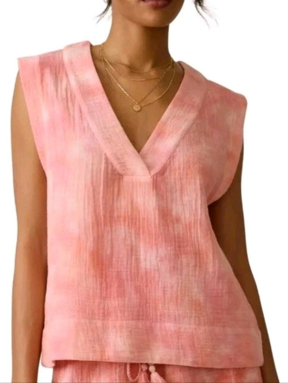Faherty Pink / Peach Sleeveless Organic Cotton Gauze Popover Top Msrp $98